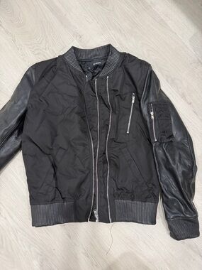 The Kooples Black Bomber Jacket with Leather Sleeves